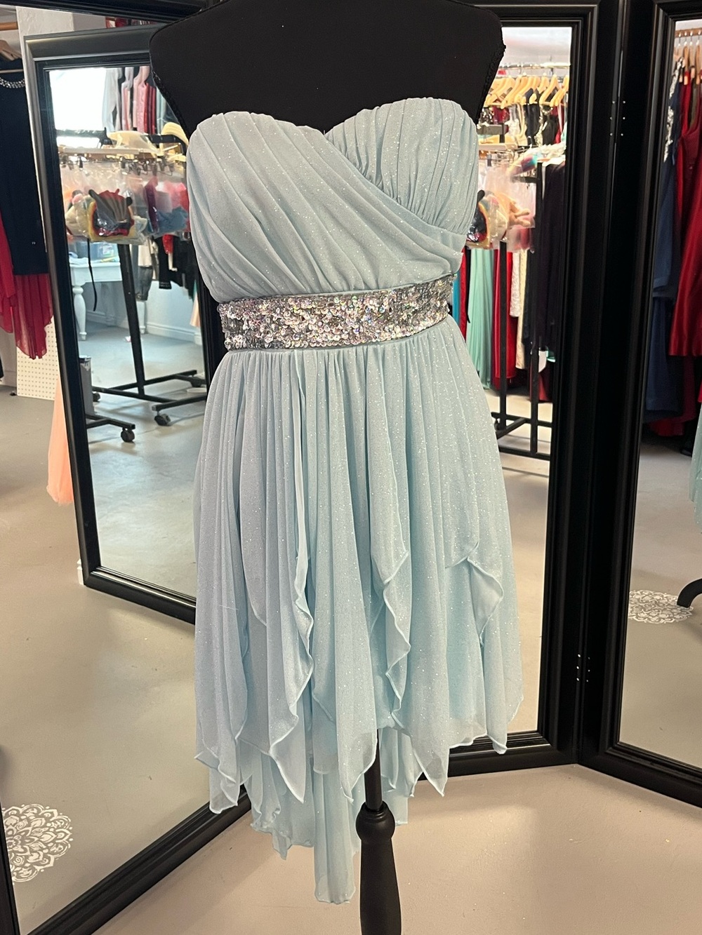 My Michelle Strapless Light Blue Chiffon Prom Dress with Sequin Waist